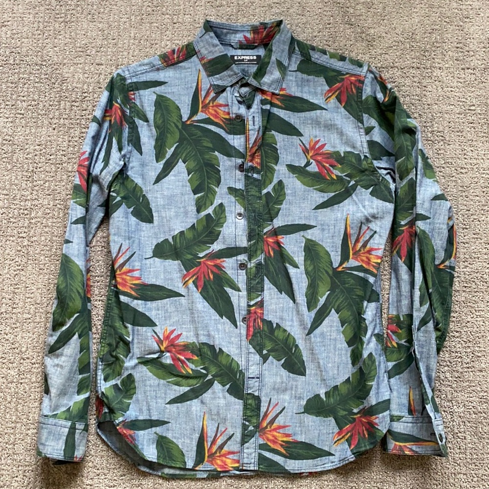 Express Hawaiian Tropical Palm Button Down Shirt